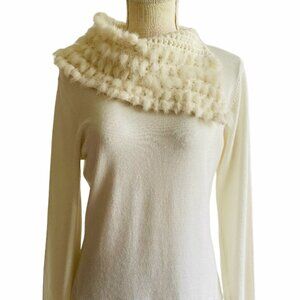 Graffiti Asymmetric Faux Fur Knit Cowl neck Top Cream M​​​​​​​​​​​​​​​​